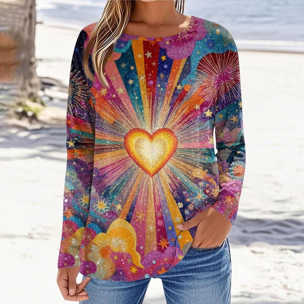 Damski casualowy top z długim rękawem, z nadrukiem walentynkowym, z okrągłym dekoltem