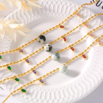 Neu Naturstein Runde Kugel Zirkon Anhänger Reis Perlen Halskette Damen Titan Stahl Vergoldet 18K Gold Licht Luxus High-End Vielseitig