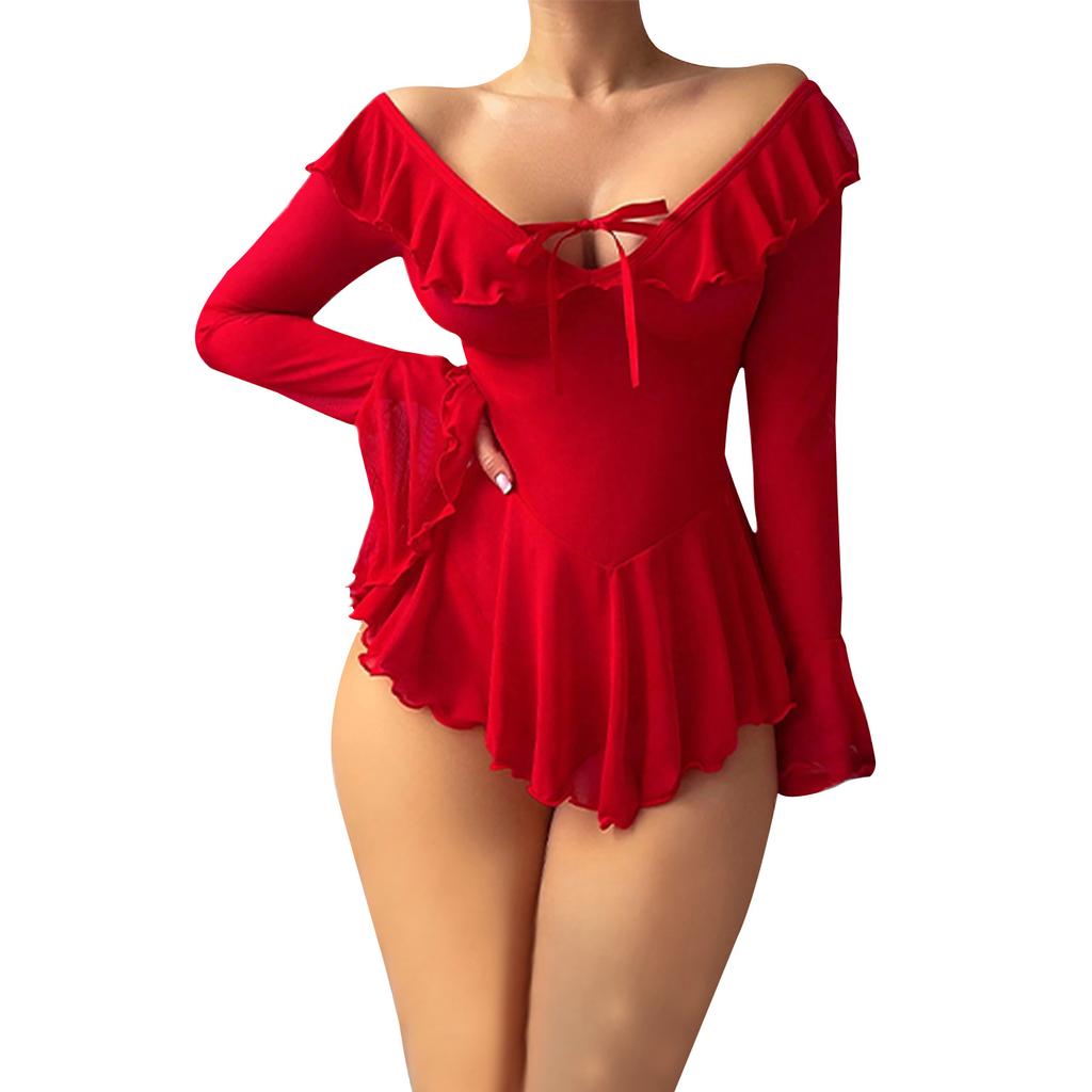 Women Lingerie Chemise Nightdress Solid Color See-Through Ruffles Dress Nightgown Sleepwear Slips Nightie with Thong