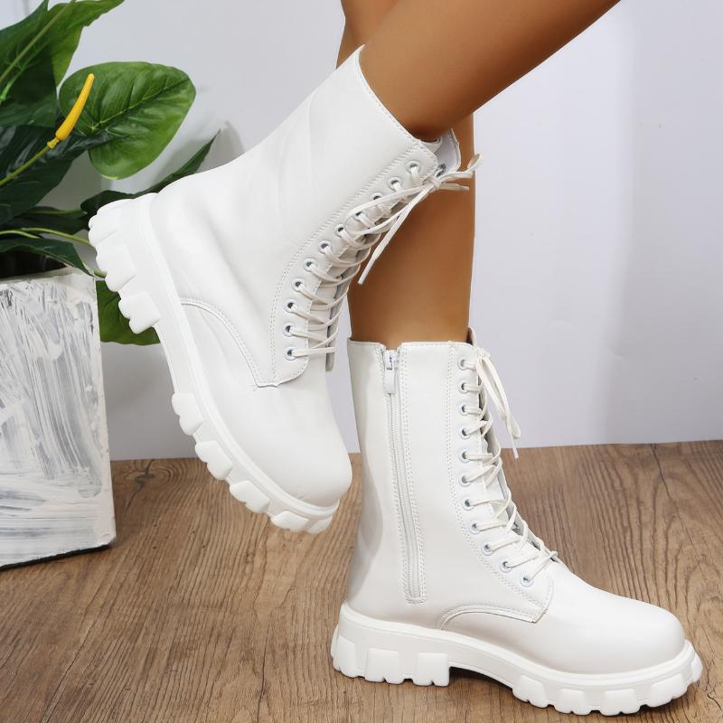 Boots Women 2025 Autumn Winter PU Leather White Ankle Boots Motorcycle Botines Female Chunky Heels Platform Boots Botas Mujer