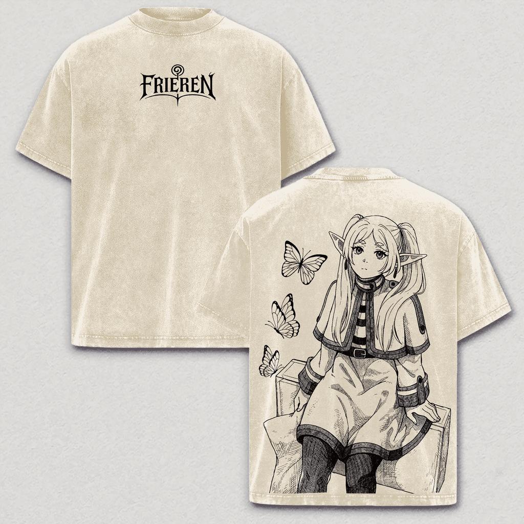Manga Frieren Cute Printed T-shirt Vintage Washed Oversized T Shirt Summer Short Sleeve Pure Cotton Soft Tees Tops Men Clothing