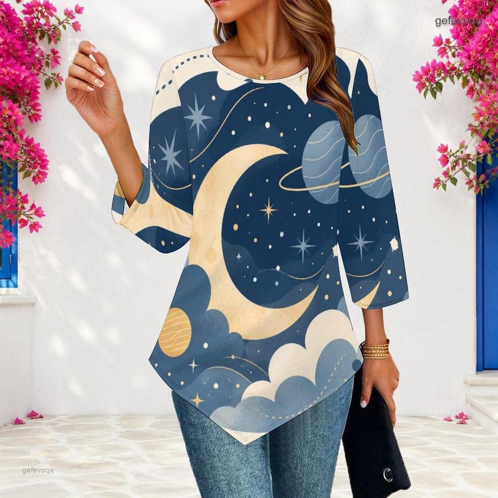 Ladies Plus Size Three Quarter Sleeve Top Pointed Hem Breathable Loose Casual For Daily Commute