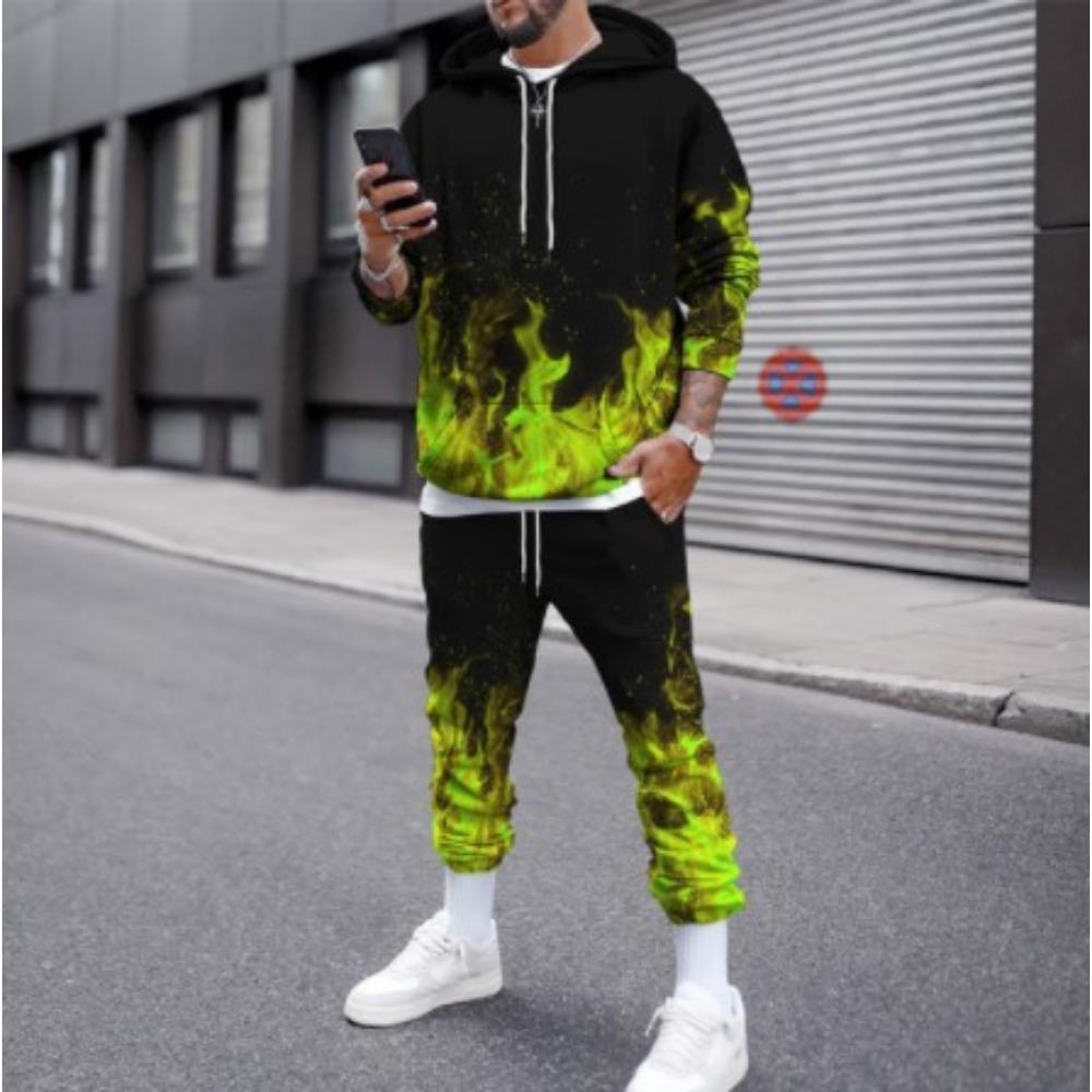 Fashion Flame 3D Print Hoodie Pant Sets Men Casual Hip-hop Sweatshirts Sweatpants Two Piece Suits Tracksuit Man Street Clothing