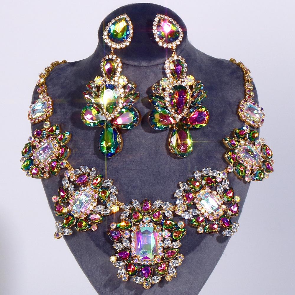 Exaggerated Necklace Jewelry Set Luxury Rhinestone Droplet Necklace Pendant Earrings Accessories