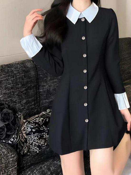 Hepburn Style Black Long Sleeve Petite Dress for Women - Autumn/Winter 2025