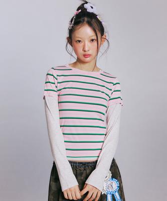 YOUHEE Candy Stripe Layered Long Sleeve_Pink