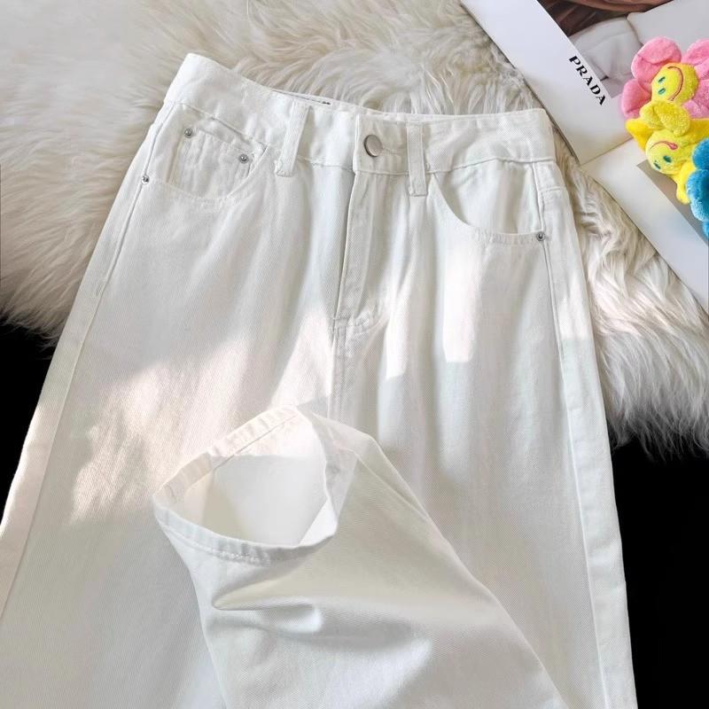 White Women's High-Waisted Wide-Leg Jeans - Trendy, Versatile, Slimming, Loose Fit, Plus Size, Floor-Length Pants for Autumn