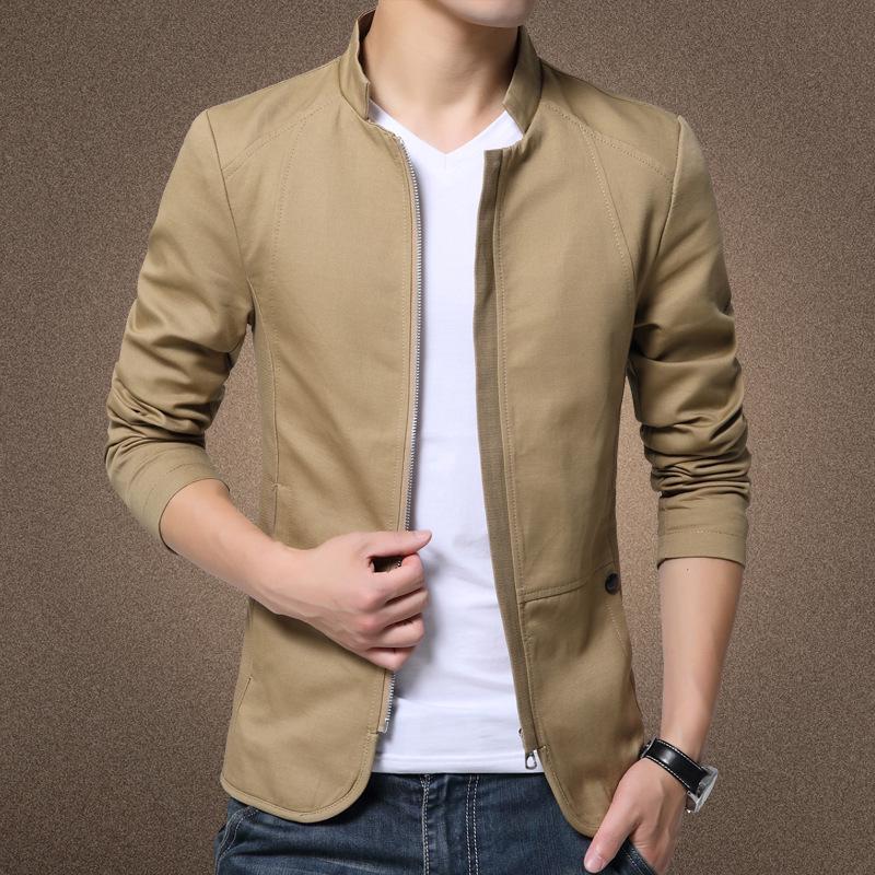 Autumn Men s Stand-Up Collar Washed Jacket, Korean Style, Plus Size, Slim Fit Business Coat. S хаки