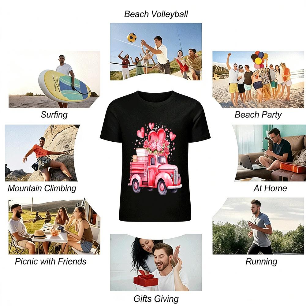 Romantic Heart Rose Vintage Truck Print Casual Top Pure cotton T-shirt