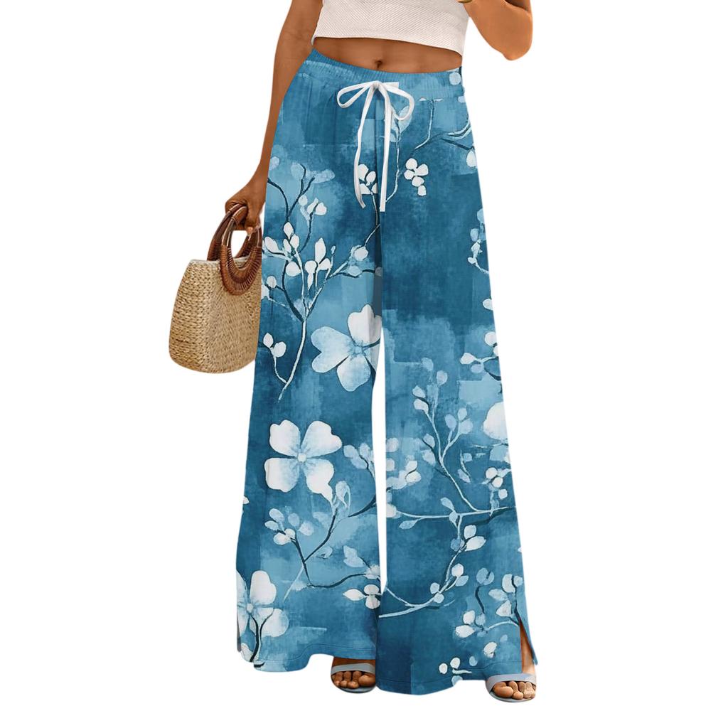 Women’s Wide Leg Pants High Waist Drawstring Loose Fit Lightweight Floral Print Trousers for Casual Summer Wear