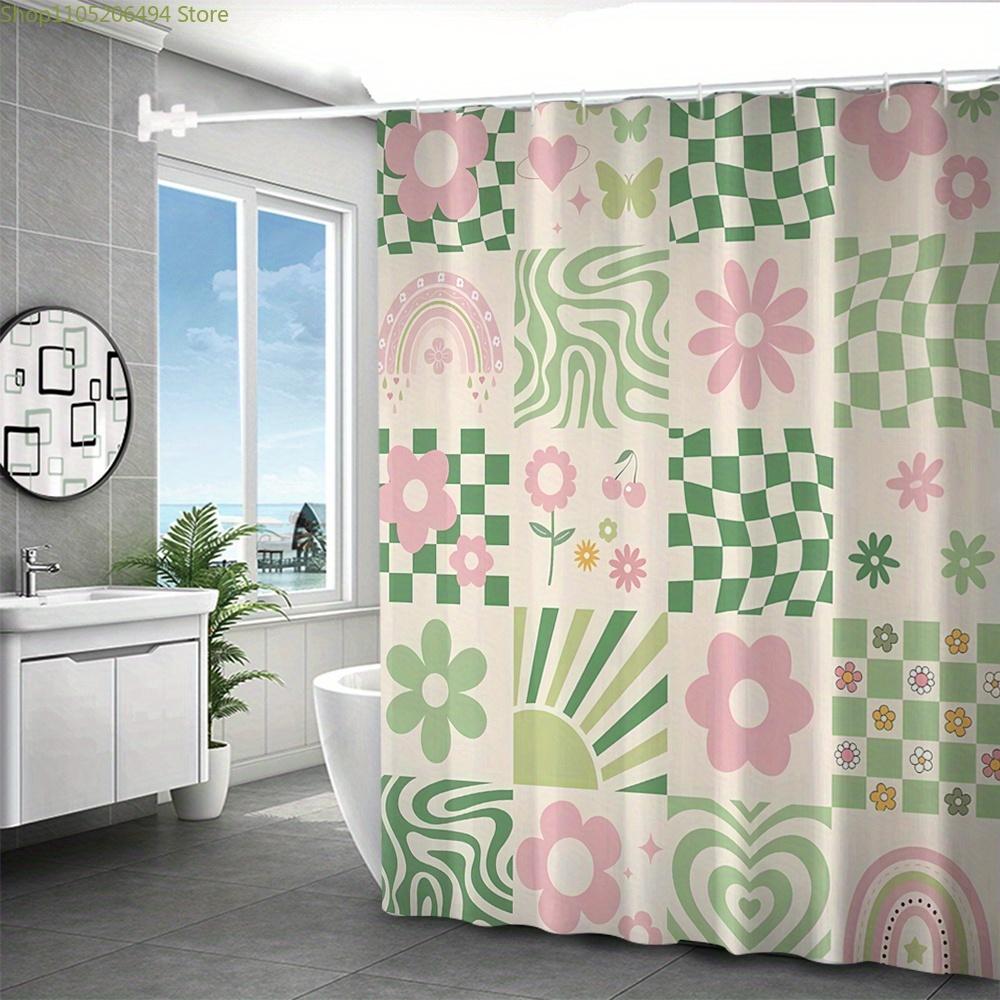 1pc Pink Flower Green Grid Digital Print Shower Curtain, No Drill Bathroom Partition