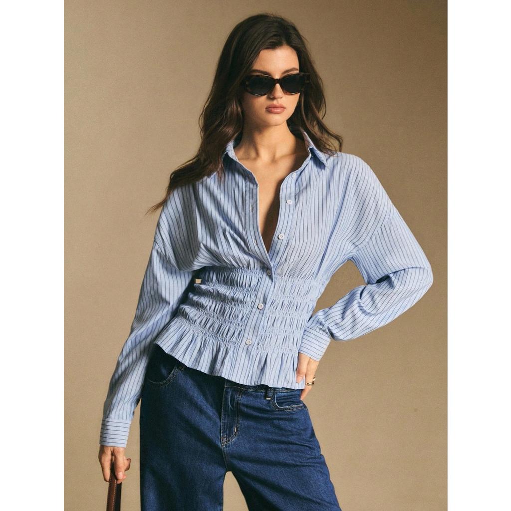 New Retro Plaid Waist Cinching Short Top with Elastic Waistband for Slimming Effect, Featuring A Lapel and Long Sleeved Plaid