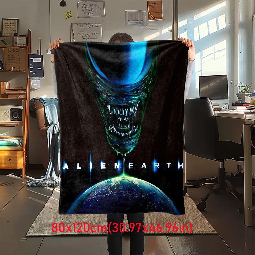 1Pc Alien Earth Print Flannel Blanket, High Quality , Comfortable for All Seasons, Home Decor, Warmth and Comfort, Perfect for Christmas