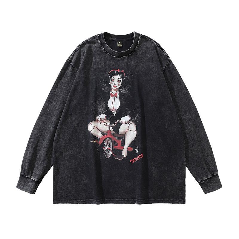 American Street Retro West Coast Hiphop Print Old Long-Sleeved T-Shirt Men'S And Women'S Washed Bottoming Tee Shirt