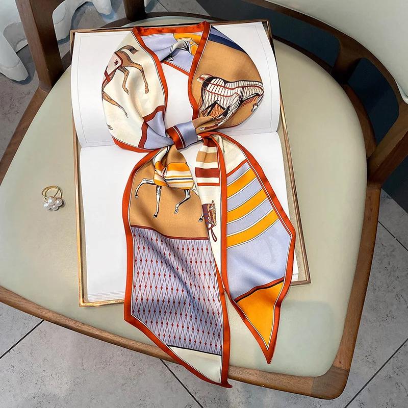 Long Silk Scarf Bag Tie Lady Neck Skinny Scarves Hairband Foulard Horse Print Brand Lady Neckerchief Ribbon  Spring New