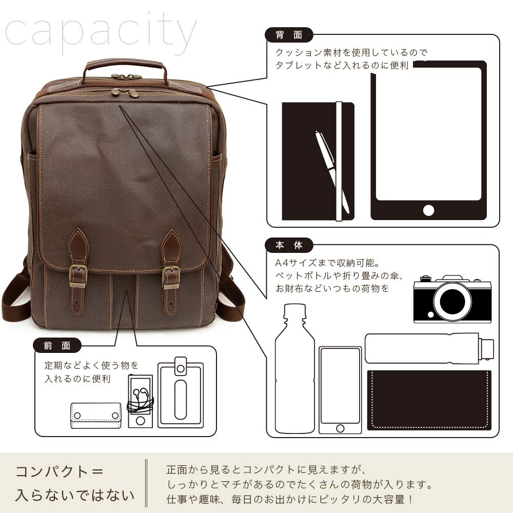 Koshibu Canvas Backpack for Men, Lightweight, Made In Japan, with Ample Storage, Multi-Function Pockets, and PC Storage, Persimmon Tannin Dyed, Cube