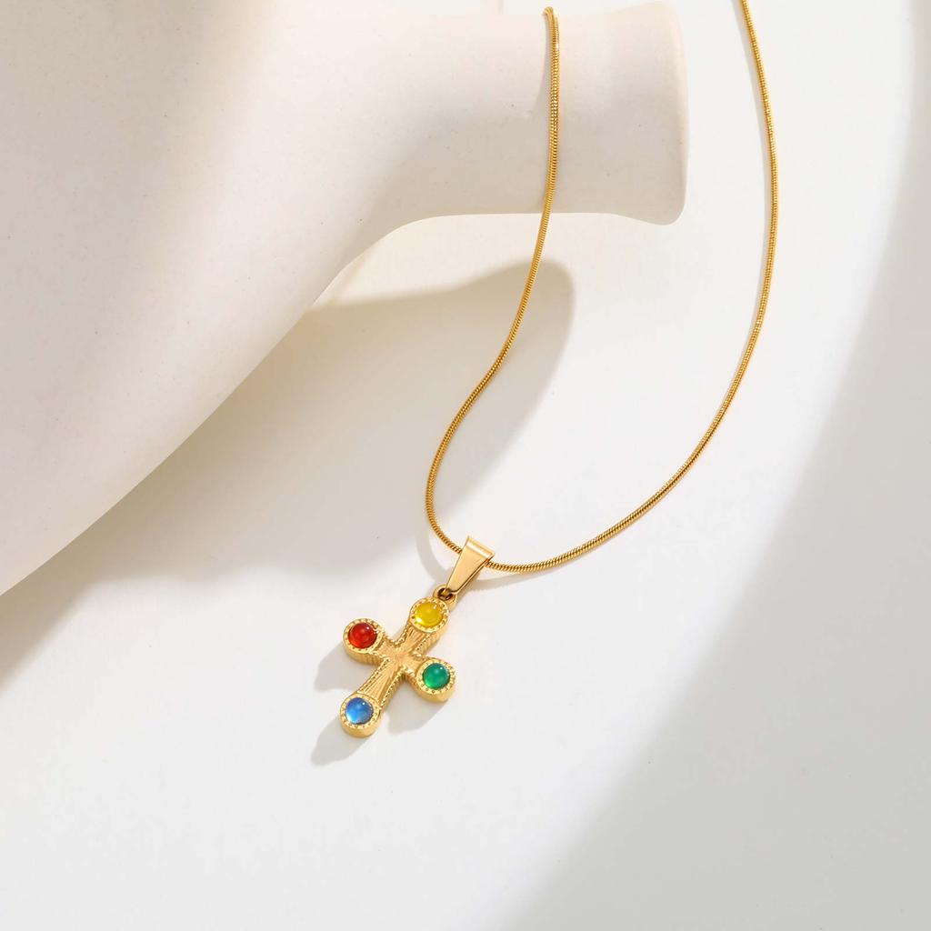 Colorful Natural Stone Cross Pendant Necklace,Gold Color Stainless Steel Snake Chain Necklaces,Charm Jewelry Gift