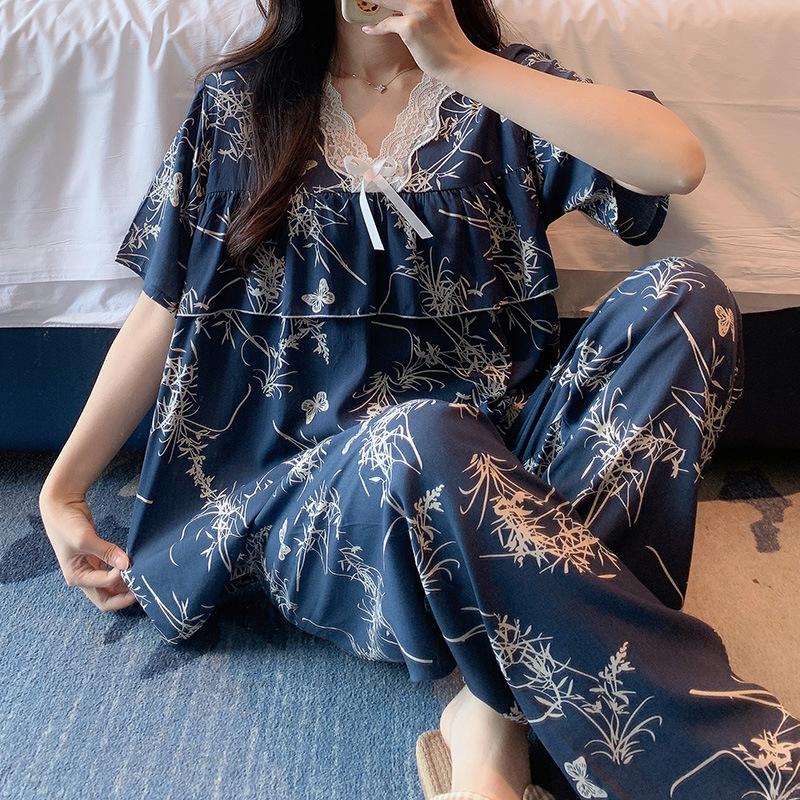 Short-sleeved Trousers Cotton and Silk Pajamas Women's Summer Thin Suit Japanese Sweet Anti-bumps Can Be Worn Outside Cotton Silk Loungewear