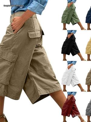 “2026 European & American Casual Solid Color 3/4 Cargo Pants with Multi-Pockets”