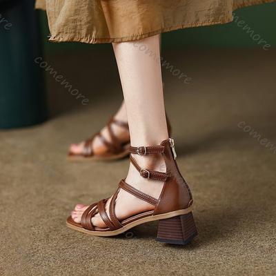 Comemore Riemchensandalen Damen Neu Braun Retro Klobiger Hoher Absatz Eckiger Zeh Schuhe für Damen Reißverschluss hinten Sandale mit Absatz