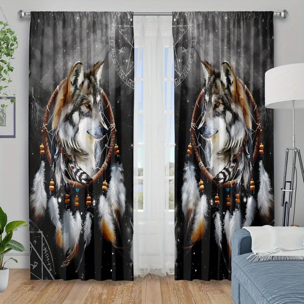 2pc Wolf Print Curtain Set, Suitable for Bedroom and Living Room Decoration, Machine Washable Polyester, Living Room Curtains