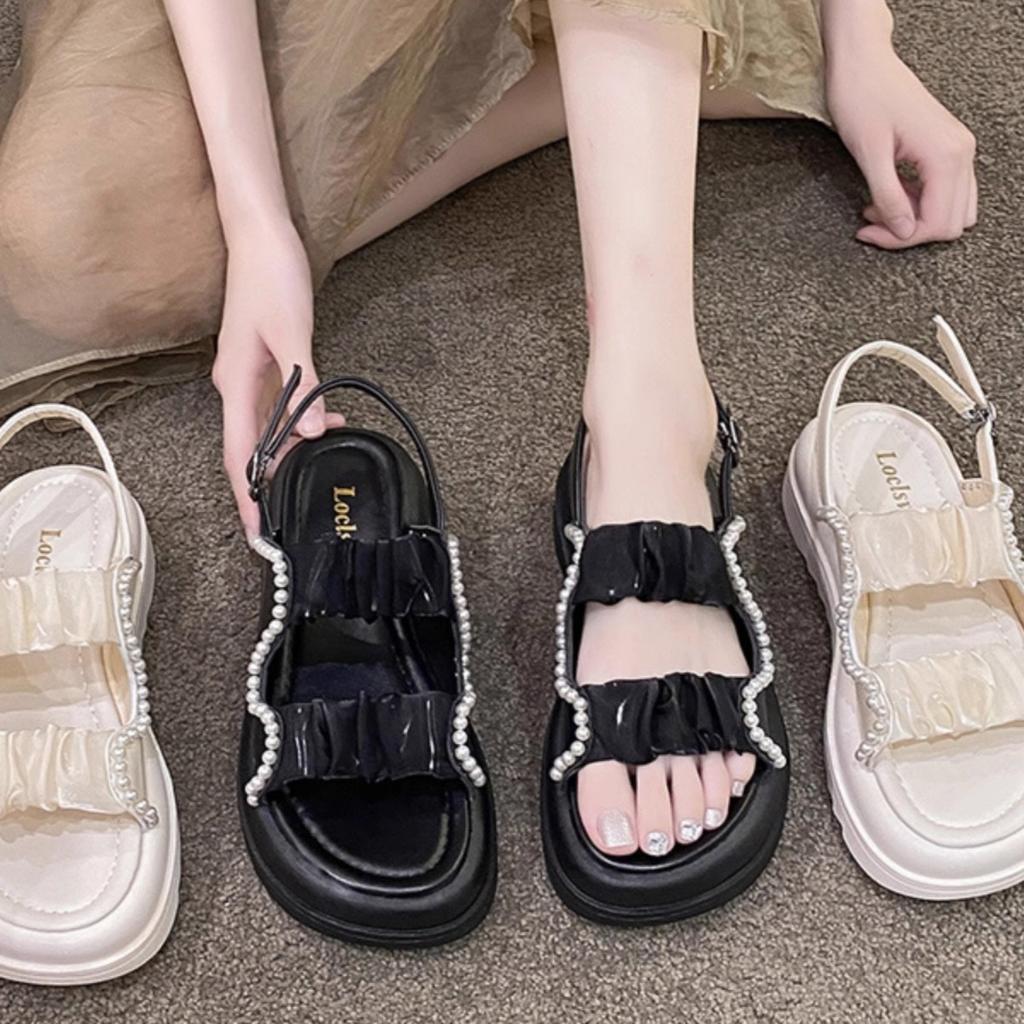 2025 Popular Sandals New Fashion Fairy Word with Sandals Pearl Outer Wear Soft-soled Casual Women's Shoes