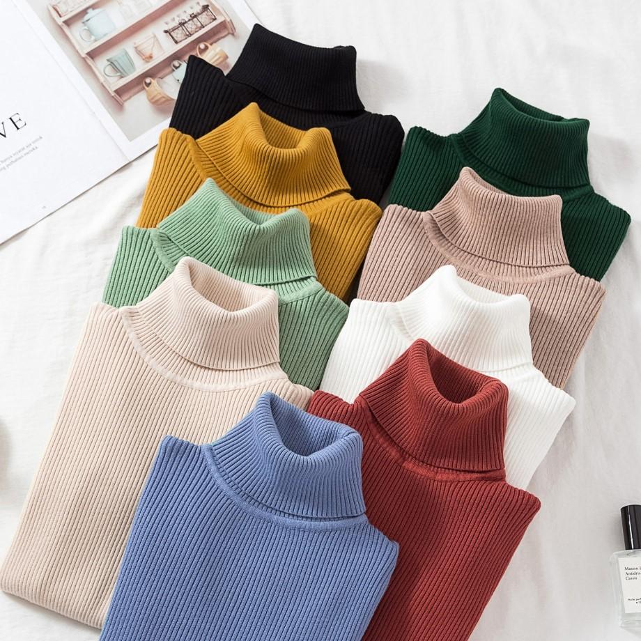 Women's Turtleneck Knit Sweater Slim Fit Solid Color Long Sleeve Thermal Base Layer Top For Autumn Winter