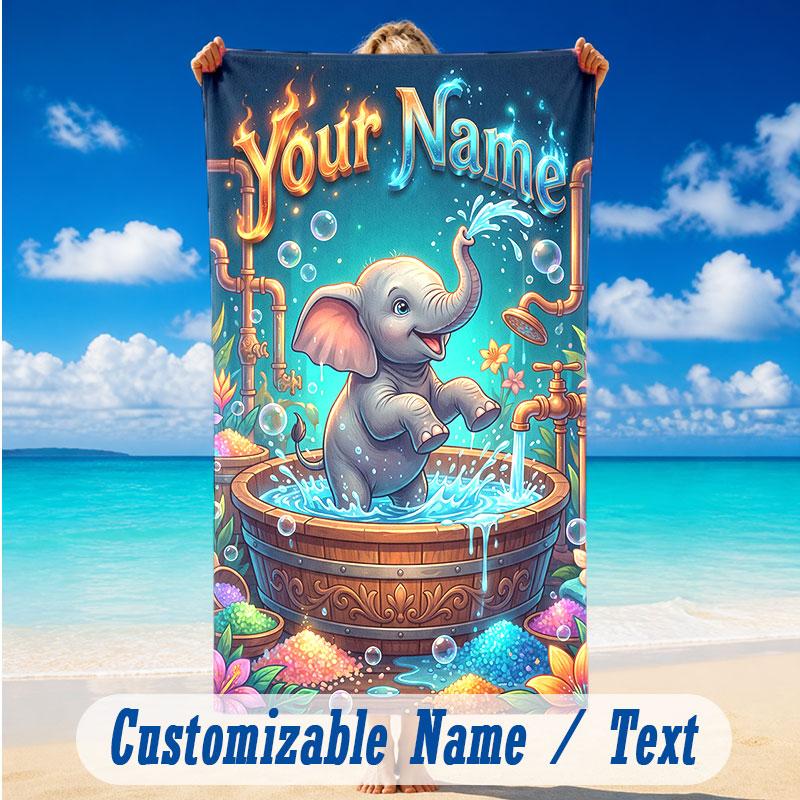 Elephant Theme Beach Towel Personalized Custom Name & Text Soft Quick Dry Beach Towel for Swimming Travel