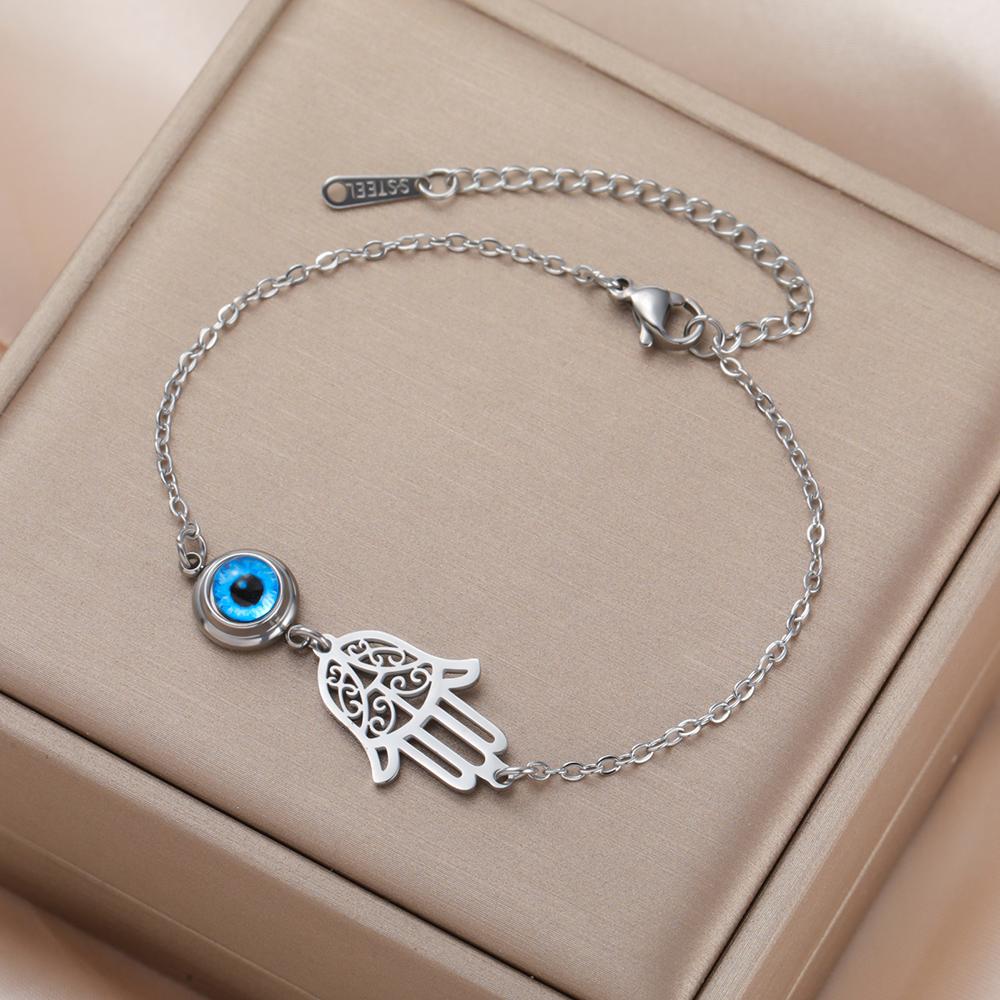 Dawapara Hamsa Evil Eye Bracelet Hand of Fatima Protection Talisman Good Luck Charm Stainless Steel Jewelry