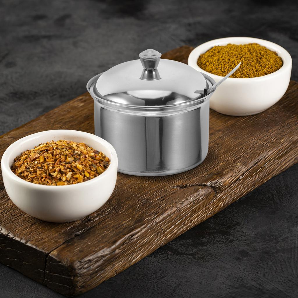 Stainless Steel Sugar Bowl with Lid Spoon Airtight Condiment Dispenser for Kitchen Counter Salt Pepper Soy Sauce Storage