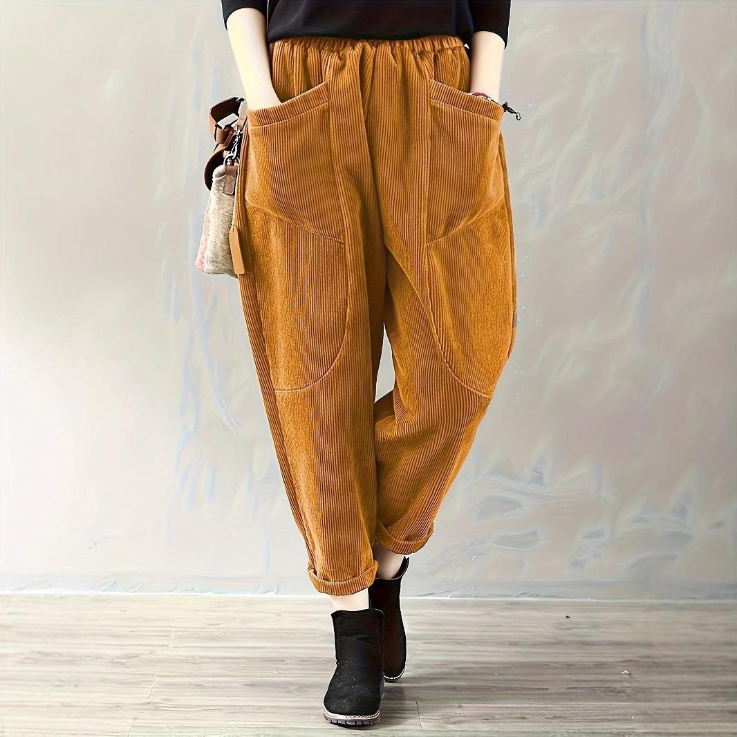

Women s Retro Corduroy Harem Pants: Solid Color, Loose Fit, with Pockets - Ideal for Spring and Summer L