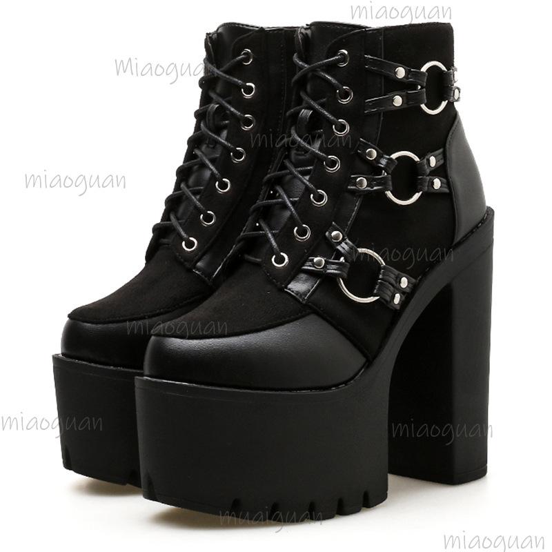 Women's Punk Nightclub High Heeled Boots Super High Heel 15CM Thick Platform Ankle Bootie Buckles Lace Up Women Boots Size35 42