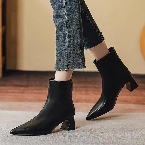 Soft leather pointed short boots women's 0000 new spring and autumn single boots thick heel medium heel thin autumn high heel boots bare boots