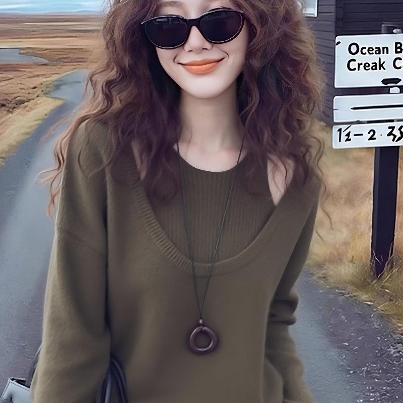 Korean Style Lazy Style Fake Two-piece Sweater Women's Autumn and Winter Casual Inner Top