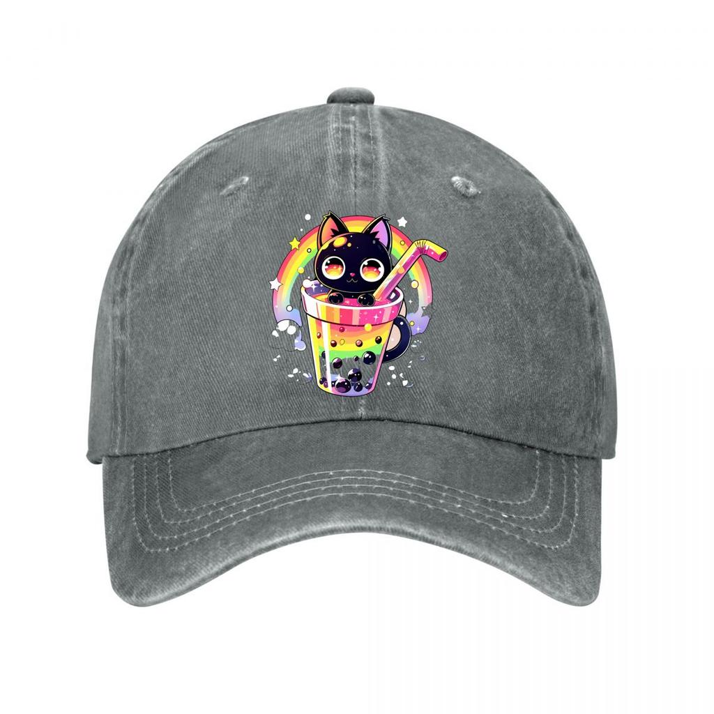 Cute Rainbow Kitten Bubble Tea Fantasy Art Washed Baseball Cap Outdoor For Womens Unisex FeUnisex