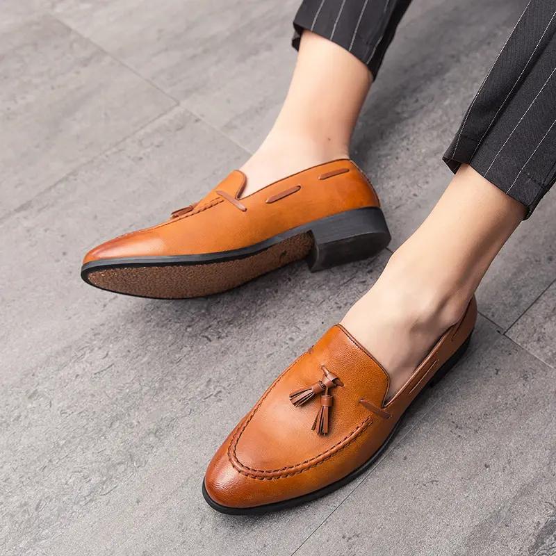 

Fashion Pointed New Men Dress Shoes Design Brand Shoes Classic Tassel Brogue Slip on Loafers Oxfords Hand Stitch Big Size 38 to 46 38 коричневый