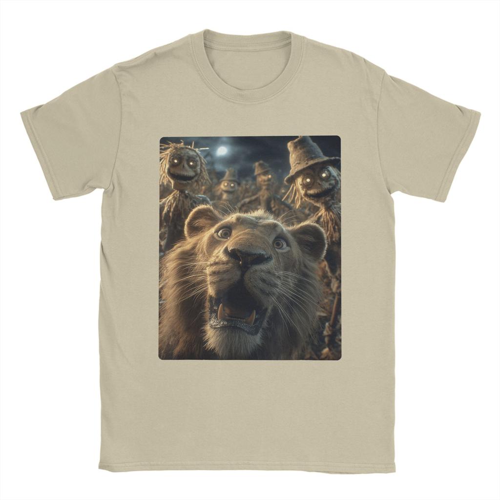 Men T-Shirts Funny Lion Selfie With Scarecrows Novelty Cotton Tee Shirt Scary Halloween T Shirt Crewneck Merchandise Plus Size