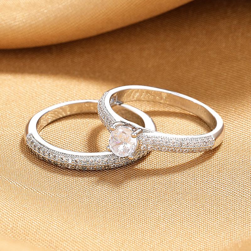 2026 Micro-inlaid Zircon Ring Personalized Women's Combination Ring Set Fashionable Light Luxury Four-claw Couple Wedding Ring Pair