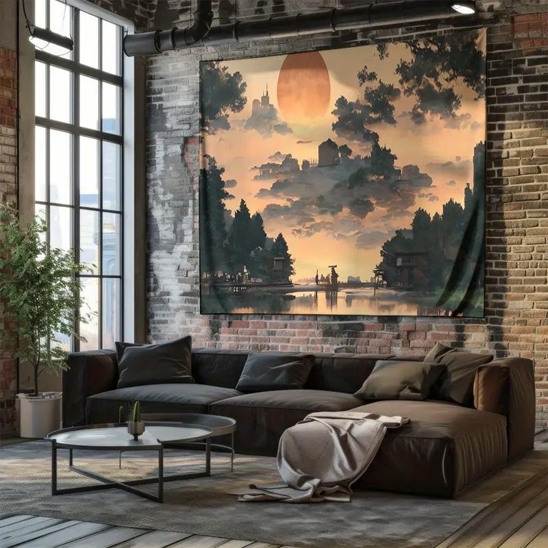 Enchanted Lakeside Sunset Landscape Hanging Cloth  Romantic and Aesthetic Home Decor Wall Tapestry