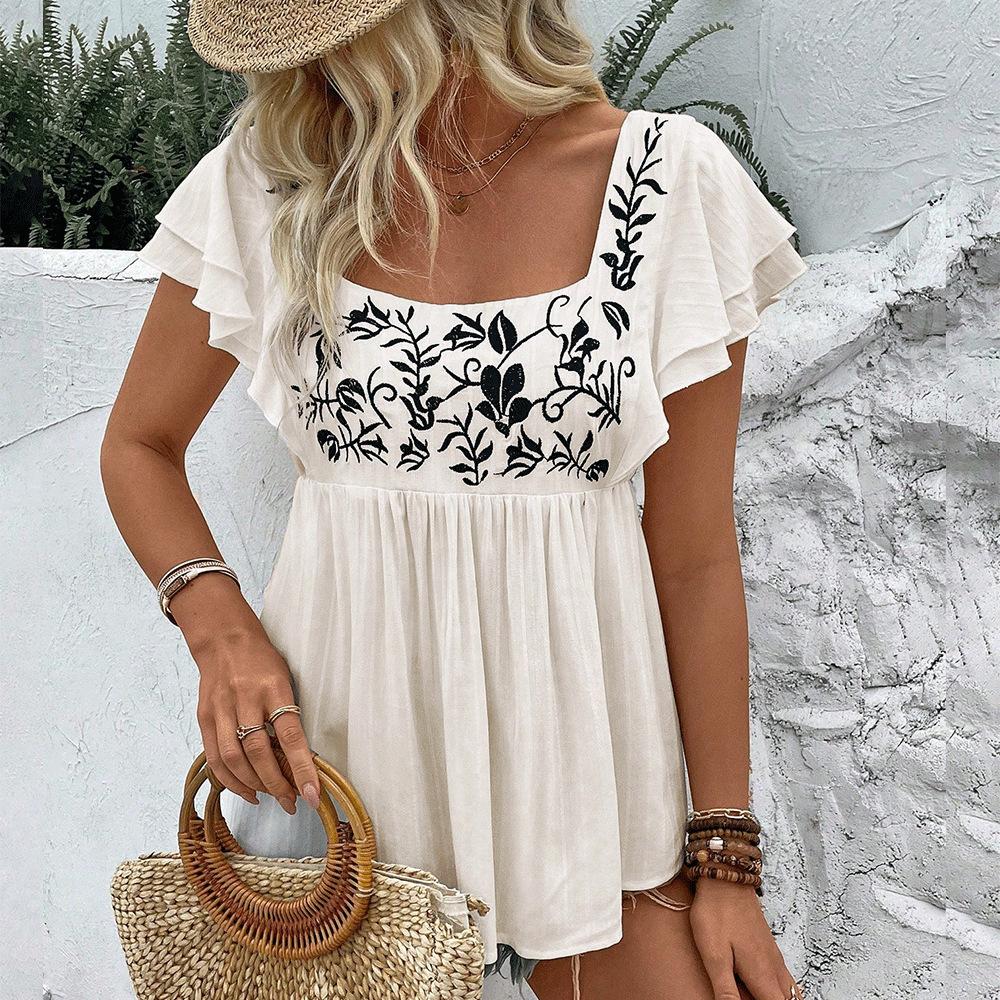 European and American women's clothing lace square collar short sleeve European and American 1116 new embroidered shirt spring and summer cool and