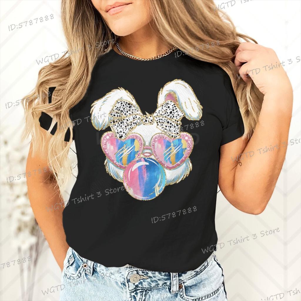 Glitter Easter Bunny Coquette Bow Classic Top Girls Funny Easter Bunnie Sunglasses Holiday Tshirts Easter Day Retro T Shirts
