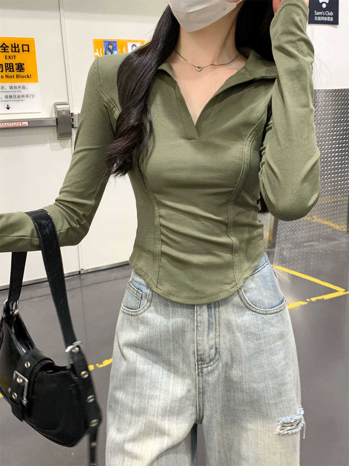 

Lo Neck Shoulder Top Women s Spring Fishbone Design Spice Girl Bottom Shirt Irregular Long Sleeve T-Shirt M зелений