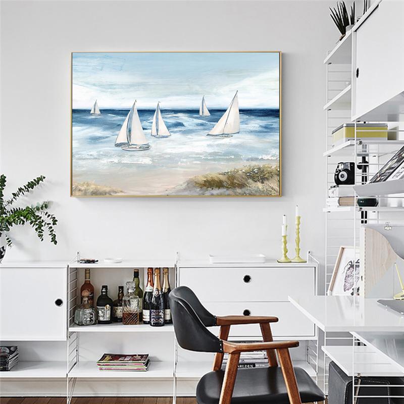 Nordic Abstrakte Strand Weiß Segelboot Ölgemälde Seascape Leinwand Drucke Poster Wand Kunst Bild Home Dekoration Für Wohnzimmer