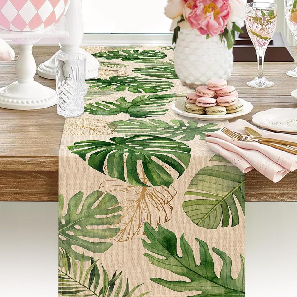 Seliem Summer Palm Leaves Tropical Greenery Table Runner, Monstera Home Kitchen Dining Plant Decor, Spring Seasonal Decorations Indoor Outdoor Hawaii