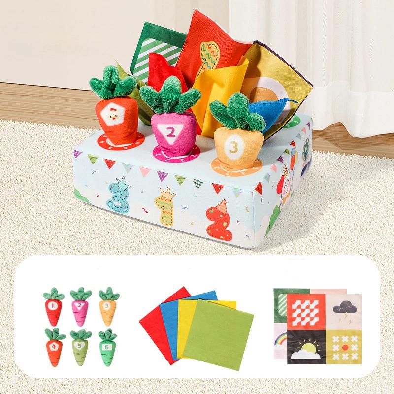 Giocattoli per Bambini 0-12 Mesi Scatola di Fazzoletti Giocattolo Ravanello Estraibile Giochi per Bambini Piccoli Giocattoli per Abilità Motorie Fini Giocattolo Sensoriale per l'Apprendimento Precoce Montessori