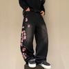 Streetwear Gotischer Stil Gestickte Kirschblüte Gerader Schnitt Jeans Herren Damen
