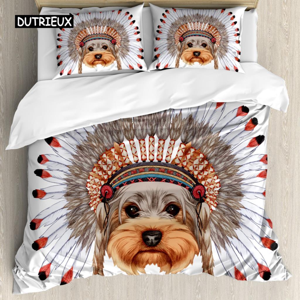 Yorkie Sada povlečení Pes se sluchátky Hudba 3dílná ložní souprava pro děti Dívky Chlapce King Size Štěněcí motiv Měkký povlak na přikrývku