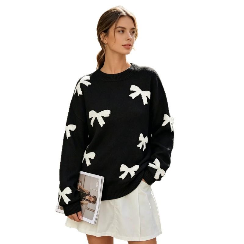 Womens Loose Fit Long Sleeve Knit Sweater With Bow Jacquard Round Neck Winter Casual Top