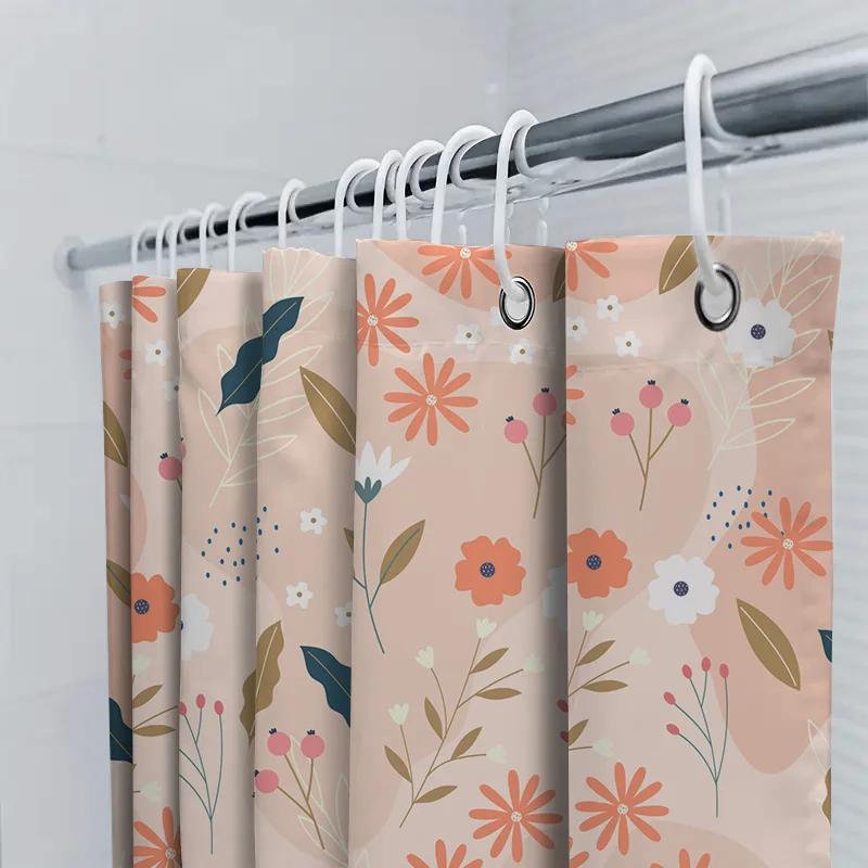 Pink Floral Print Shower Curtain With Hooks Decorative Home Bathroom Accessories For Girls And Women'S Kitchen Pink Flower Water