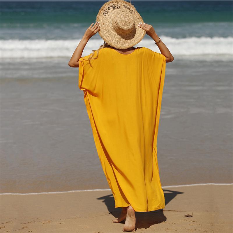 Casual Solid Long Kaftan Loose V-neck Half Sleeve Maxi Dress Summer Clothes Women Beach Wear Swim Suit Cover Up EMA